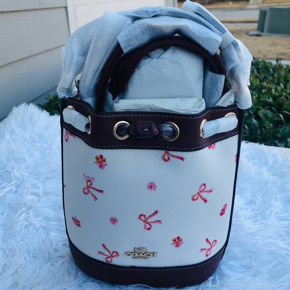New Coach Dempsey Drawstring Bucket Bag 15 With Bow Print